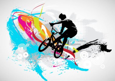 Aktif adam. Soyut spor manzarası arka planı, vektör BMX sürücüsü.