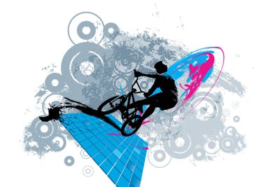 Aktif adam. Soyut spor manzarası arka planı, vektör BMX sürücüsü.