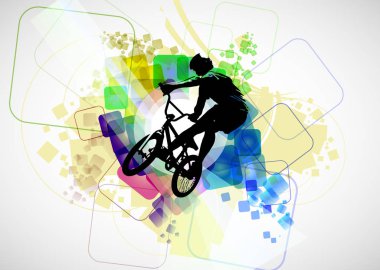 Aktif adam. Soyut spor manzarası arka planı, vektör BMX sürücüsü.