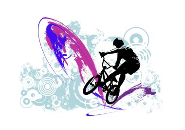 Aktif adam. Soyut spor manzarası arka planı, vektör BMX sürücüsü.