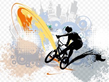 Aktif adam. Soyut spor manzarası arka planı, vektör BMX sürücüsü.
