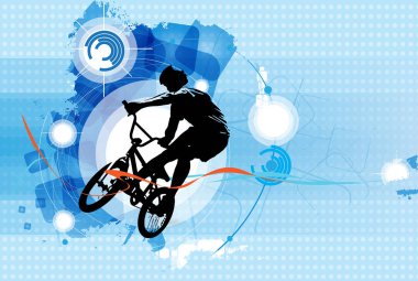 Aktif adam. Soyut spor manzarası arka planı, vektör BMX sürücüsü.
