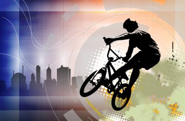 Aktif adam. Soyut spor manzarası arka planı, vektör BMX sürücüsü.