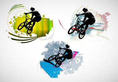 Aktif adam. Soyut spor manzarası arka planı, vektör BMX sürücüsü.