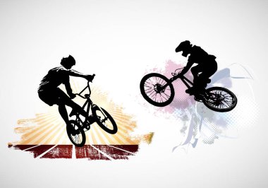 Aktif adam. Soyut spor manzarası arka planı, vektör BMX sürücüsü.