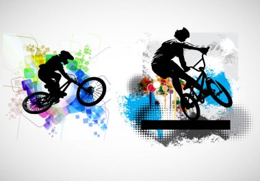 Aktif adam. Soyut spor manzarası arka planı, vektör BMX sürücüsü.