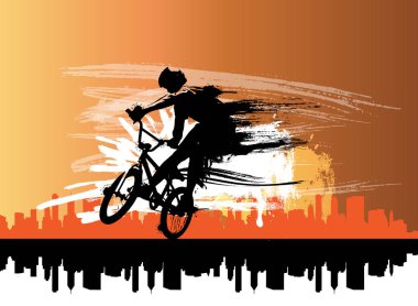 Aktif adam. Soyut spor manzarası arka planı, vektör BMX sürücüsü.