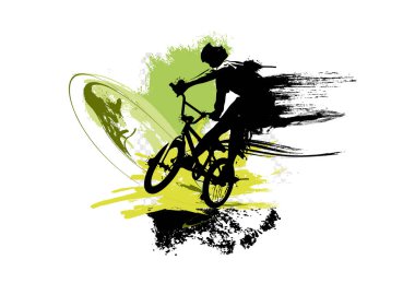 Aktif adam. Soyut spor manzarası arka planı, vektör BMX sürücüsü.