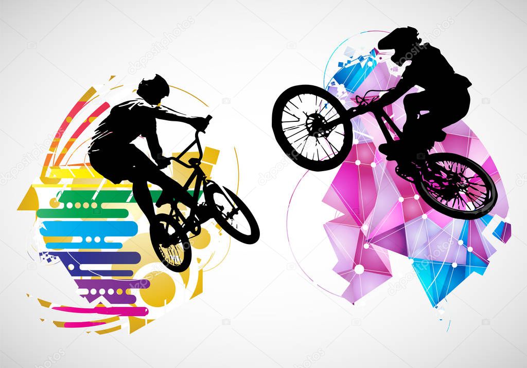 Active man. BMX rider in abstract sport landscape background, vector.