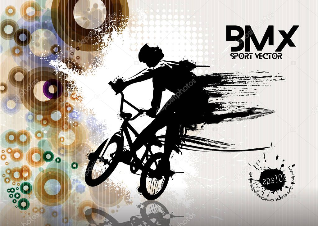 Active man. BMX rider in abstract sport landscape background, vector.