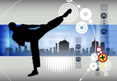 Genç erkek karate savaşçısı. Sağlıklı bir yaşam tarzı. Dövüş sanatları. Vektör