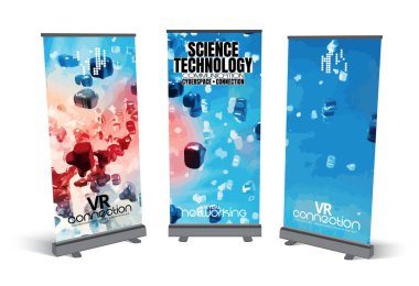 Katlanır pankart tasarımı, soyut teknoloji konsepti ve 3 boyutlu oluşturma arkaplanı