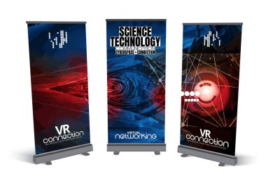 Katlanır pankart tasarımı, soyut teknoloji konsepti ve 3 boyutlu oluşturma arkaplanı