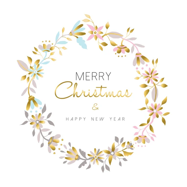 Joyeux Noël et nouvelle couronne de fleurs d'or de l'année — Image vectorielle