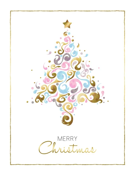Merry christmas pine tree card design in gold — Stock Vector