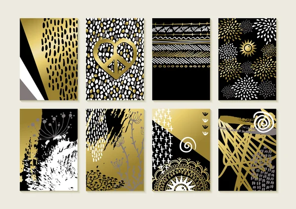 Sada zlatých, kreslené vzory abstraktních uměleckých karet — Stockový vektor