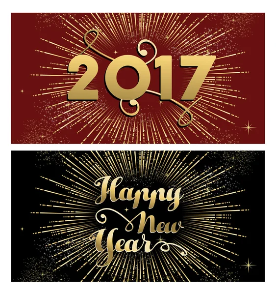 New Year 2017 gold firework greeting card set — Stock Vector