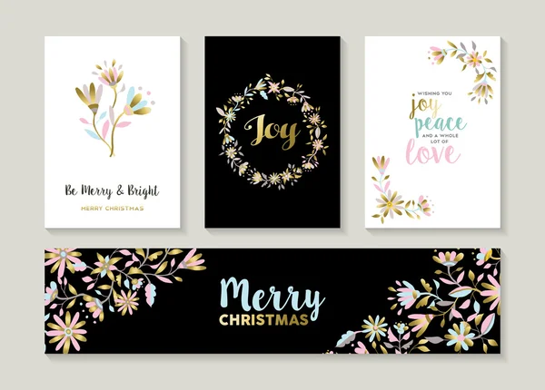 Gouden Kerst set van Floral illustratie ontwerpen — Stockvector