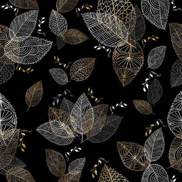 Gold Hand gezeichnet Herbst Blätter nahtlose Muster — Stockvektor