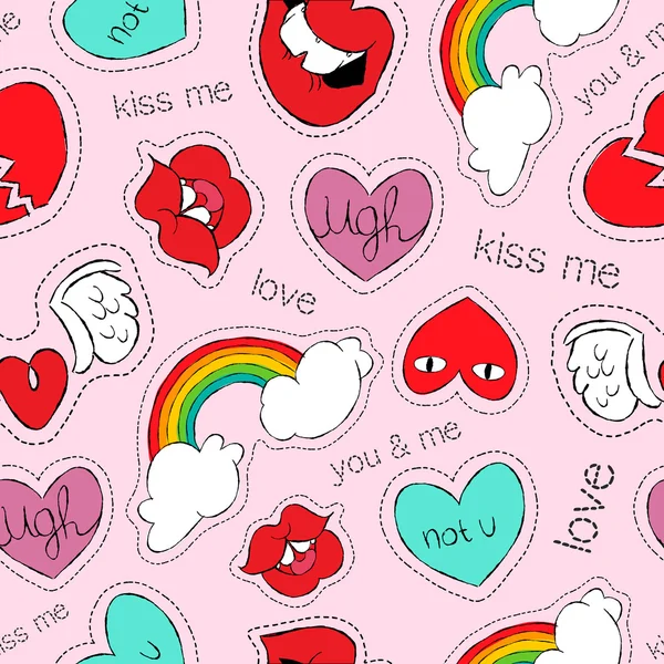 Handgezeichnete valentines patch icons nahtloses Muster — Stockvektor