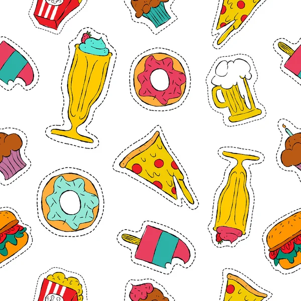 90s retro comida rápida icono de parche patrón sin costuras — Vector de stock