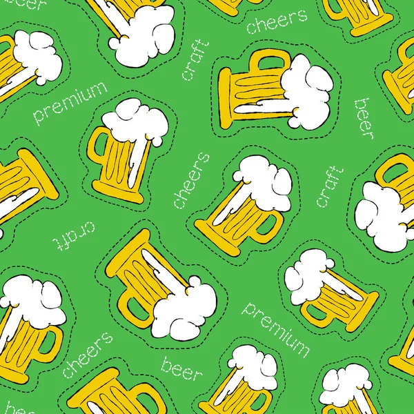 手描き下ろしビール パッチ アイコンのシームレス パターン — ストックベクタ