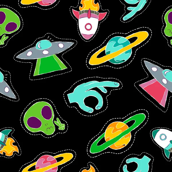 Hand drawn space patch icons seamless pattern — Stock Vector