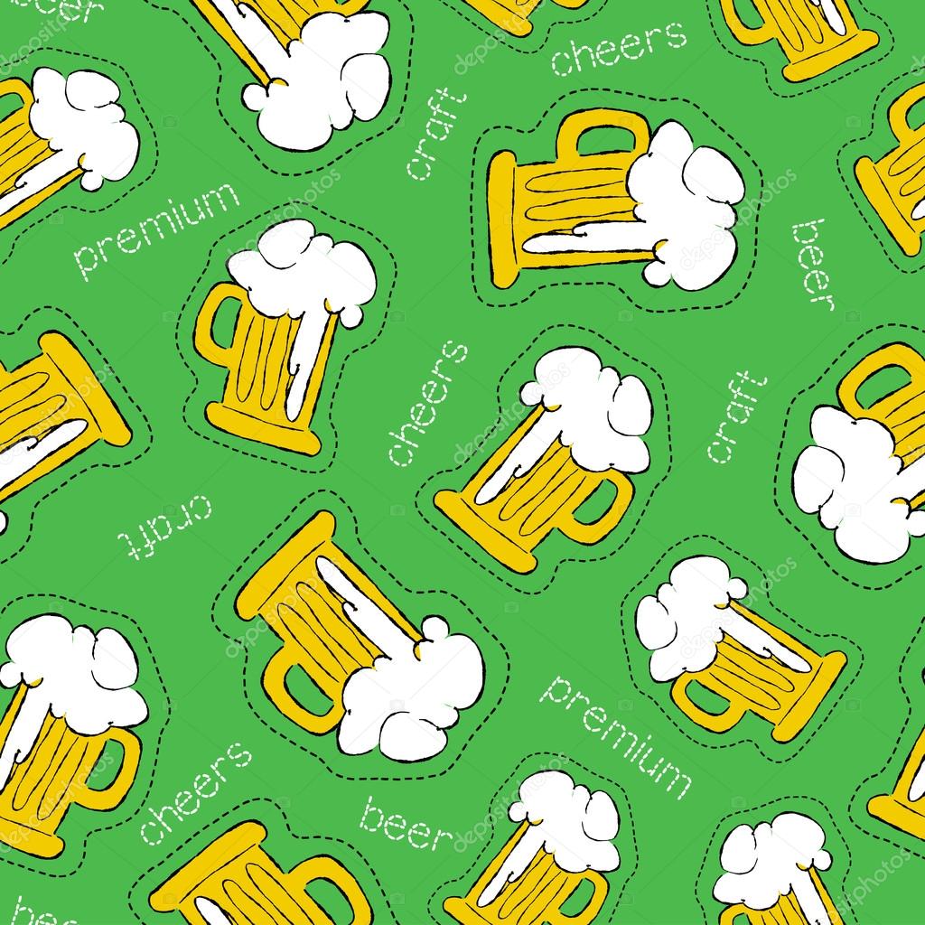 Hand drawn beer patch icon seamless pattern