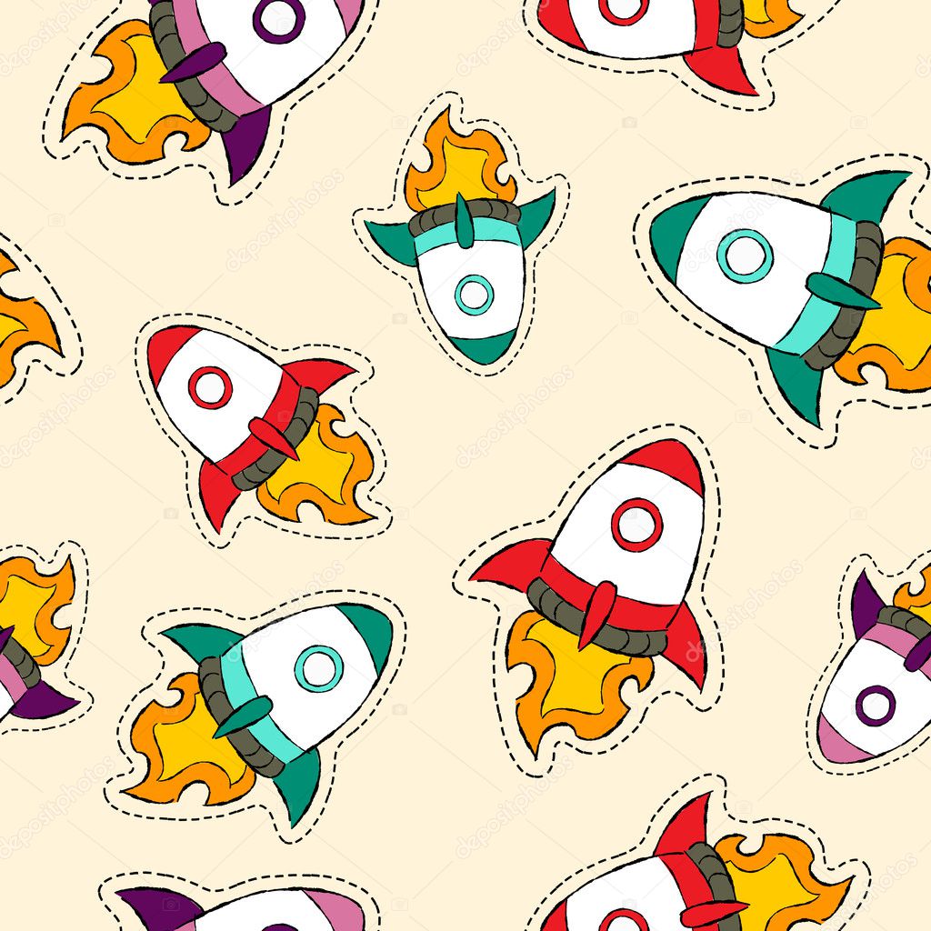 Rocket ship patch icon pattern in hand drawn style