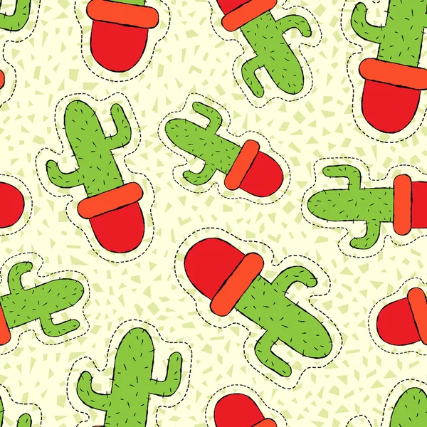 Cactus plant hand drawn patch on seamless pattern — Stock Vector