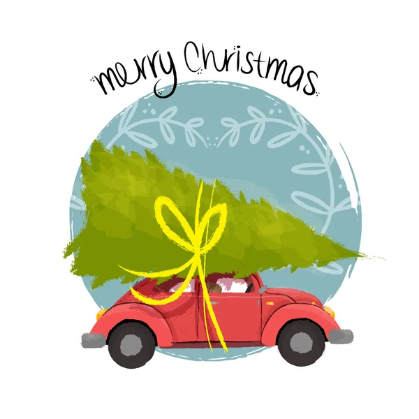 Χαρούμενα Χριστούγεννα αυτοκίνητο ρετρό εικονογράφησης με δέντρο — Διανυσματικό Αρχείο