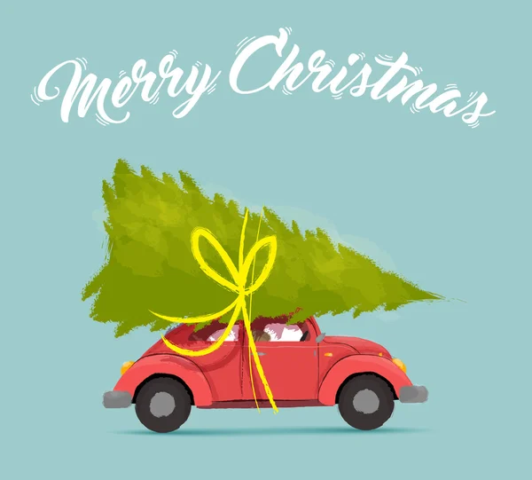 Buon Natale card con divertente design auto vacanza — Vettoriale Stock