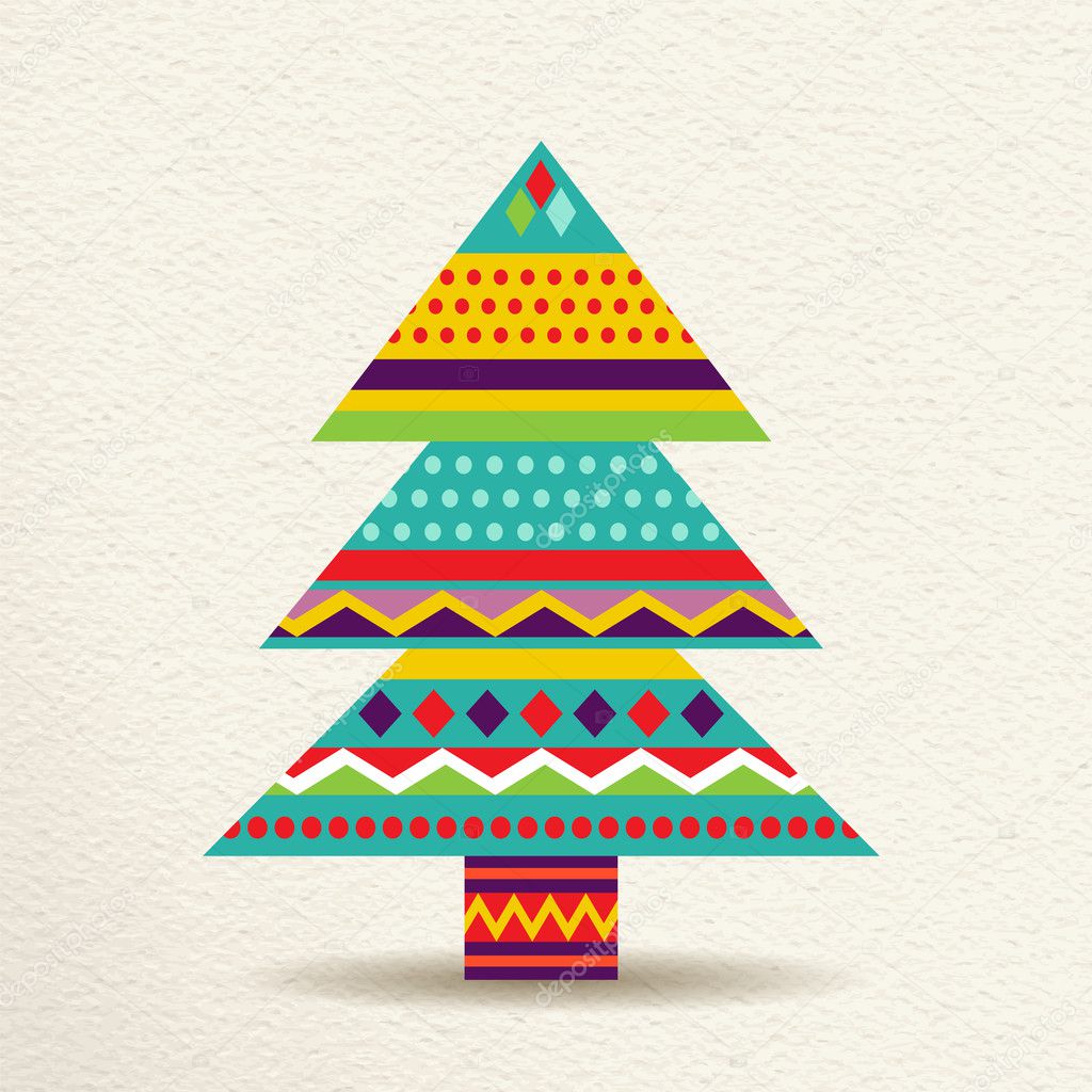Buon natale pino albero decorazione in divertente vacanza felice colori geometrici e strisce concetto illustrazione Eps10 vettoriale — Vettoriali di