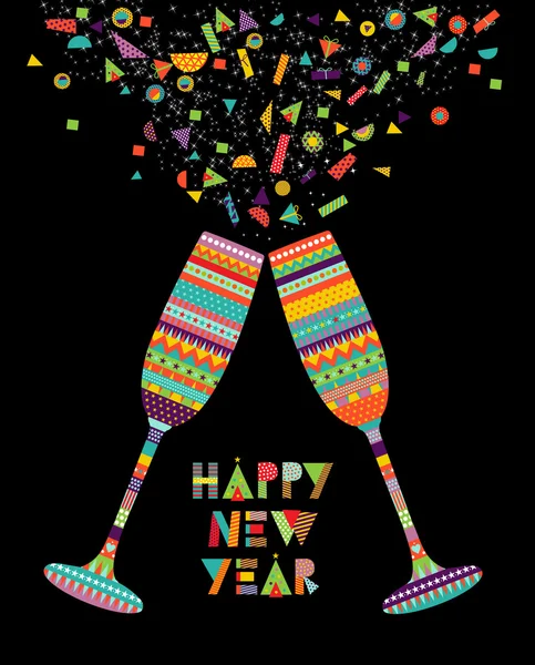 Diversión feliz año nuevo diseño de fiesta de cristal de la bebida — Vector de stock