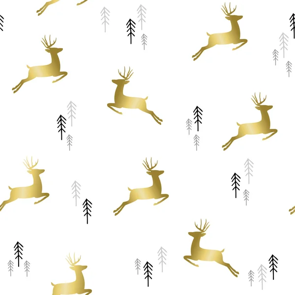 Cerf de Noël en or avec fond motif arbre — Image vectorielle