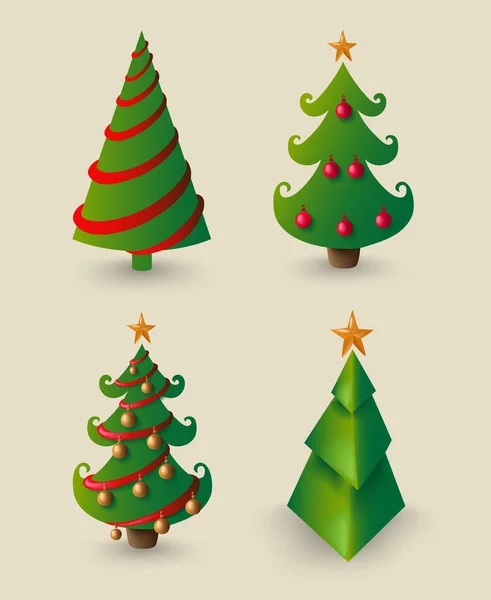 Albero di pino cartone animato di Natale set per la decorazione — Vettoriale Stock
