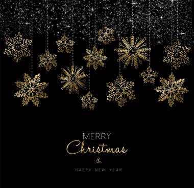 Noel ve yeni yıl altın kar dekorasyon kartı