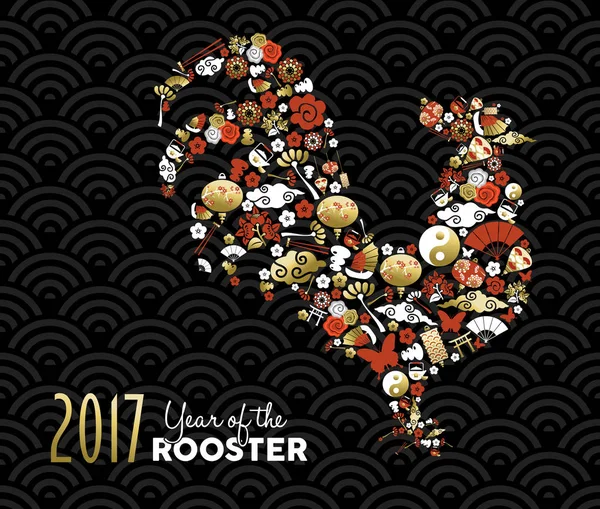 Año nuevo chino 2017 con iconos de oro como gallo — Vector de stock