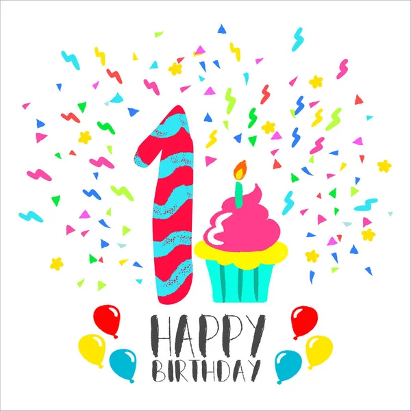 Cartão de aniversário feliz para 1 ano bebê diversão festa arte —  Vetores de Stock