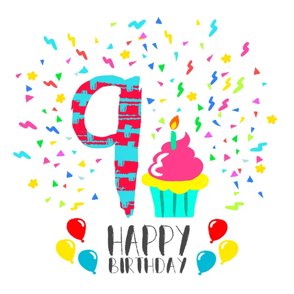 Happy Birthday card for 9 year kid fun party art — Stock Vector