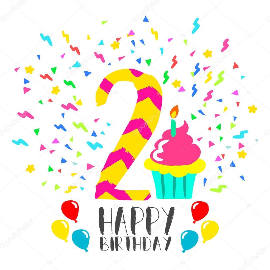 Happy Birthday card for 2 year kid fun party art — Stock Vector