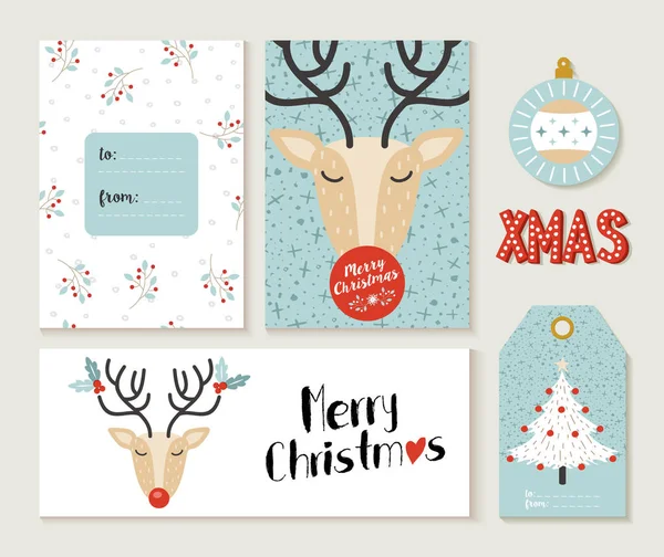 Merry Christmas herten wenskaart en label instellen — Stockvector