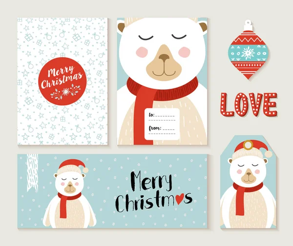 Conjunto de cartões de felicitações Polar Bear Merry Christmas — Vetor de Stock