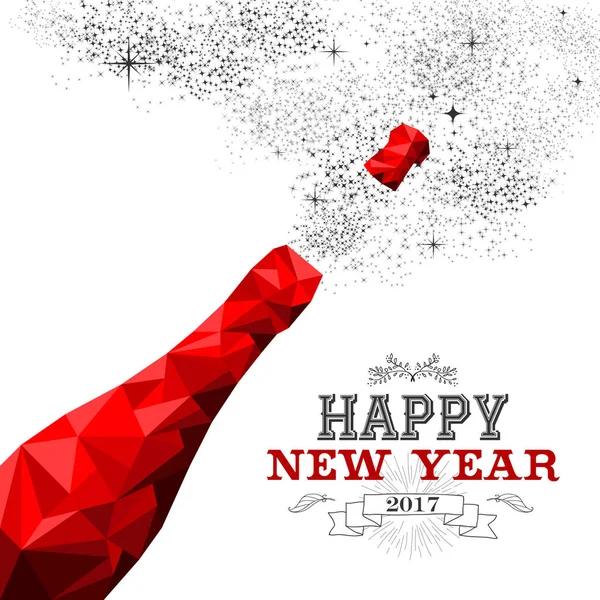 Gott nytt år röd champagneflaska låg poly — Stock vektor