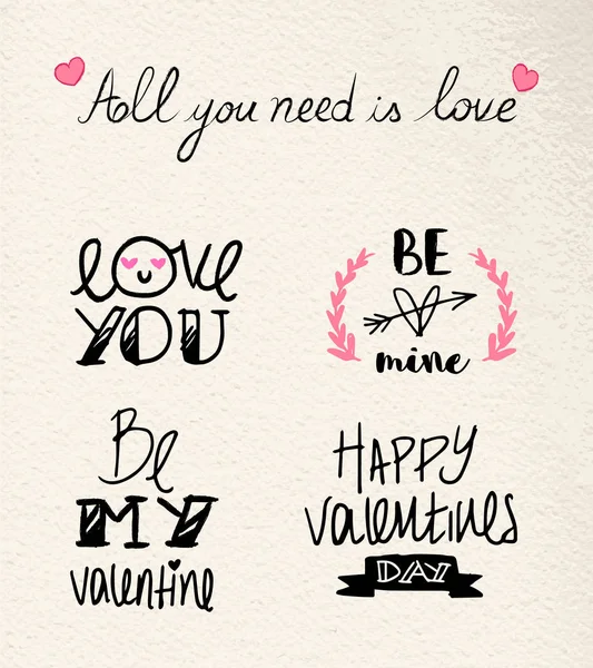 День святого Валентина нарисованный вручную набор любовных цитат — стоковый вектор