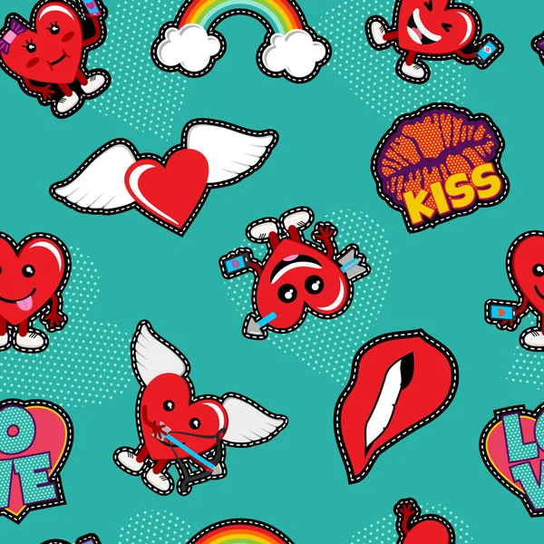 Valentines amour patch icône motif sans couture — Image vectorielle