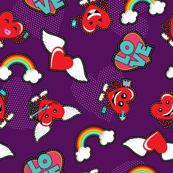 Valentines amour emoji patch patron sans couture — Image vectorielle