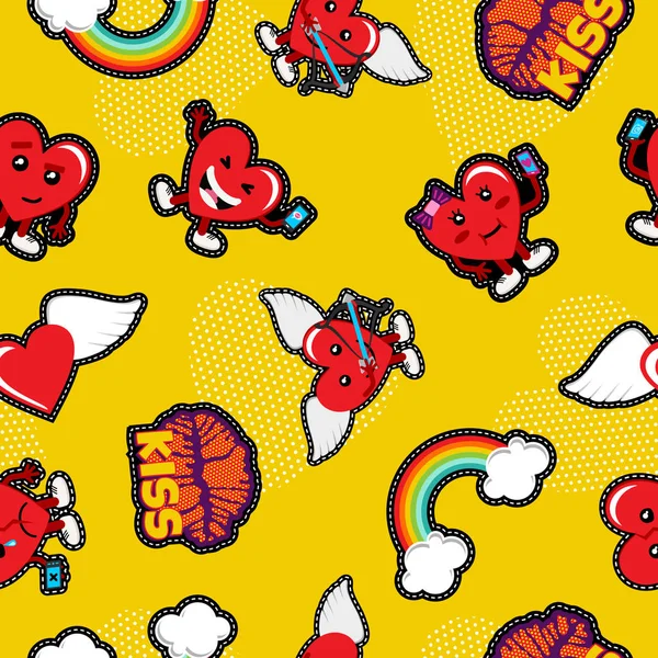 Día de San Valentín amor parche emoji patrón sin costuras — Vector de stock