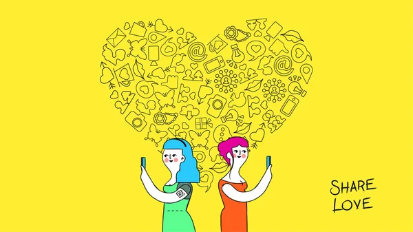 Női barátság és a szeretet internet fogalom-art — Stock Vector