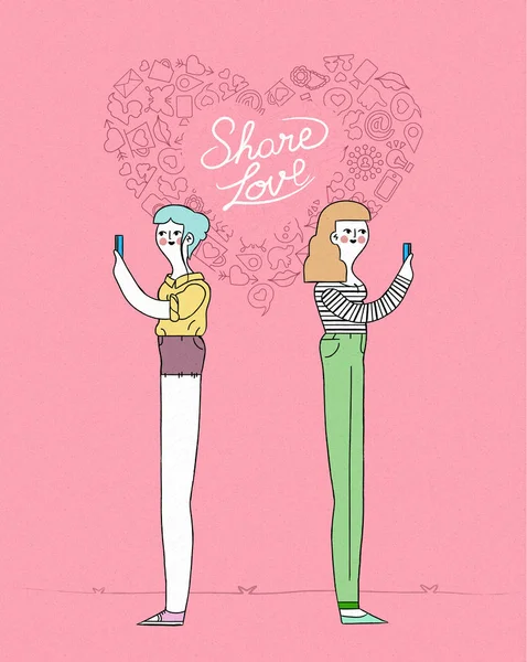 Online liefde concept vrouwen paar op mobiel — Stockvector